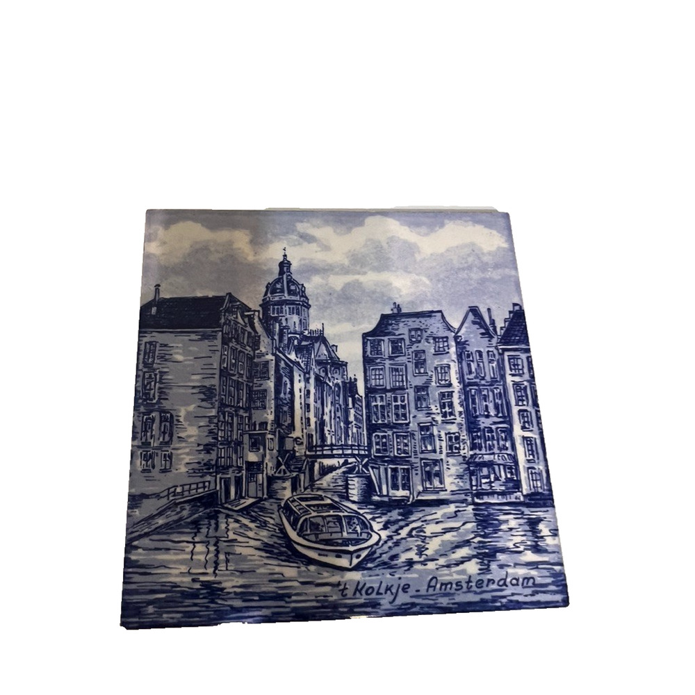 Antique Delft Blue Hand Painted & Signed Tile Of Amsterdam Canal Houses & Boat